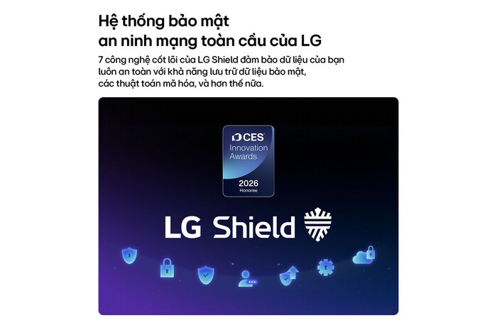 LG Shield, applied to LG OLED AI B6, is shown with an LG Shield logo at the center, security icons below, and a 2026 CES Innovation Awards Honoree badge above, representing data and system protection.